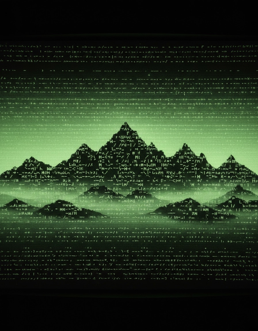 A misty mountain ridge rendered as ASCII-art inside an old green-phosphor CRT terminal, glowing phosphor-green and deep black, monospace composition.