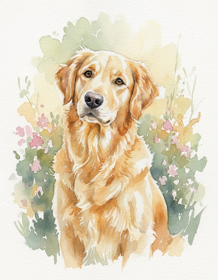Example output: a soft watercolor portrait of a golden retriever, gentle washes on textured paper. This is what your pet photo looks like after running the prompt through MCP Media Engine img2img.