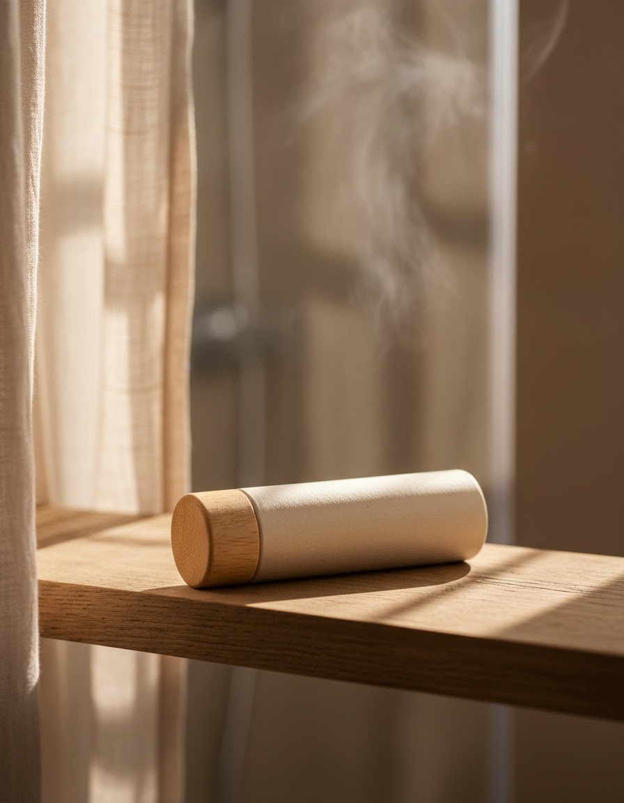 Example output: a lifestyle product photograph of artisan skincare on a sunlit oak bathroom shelf with linen curtains. Run this with your own product photo + input_image_url.