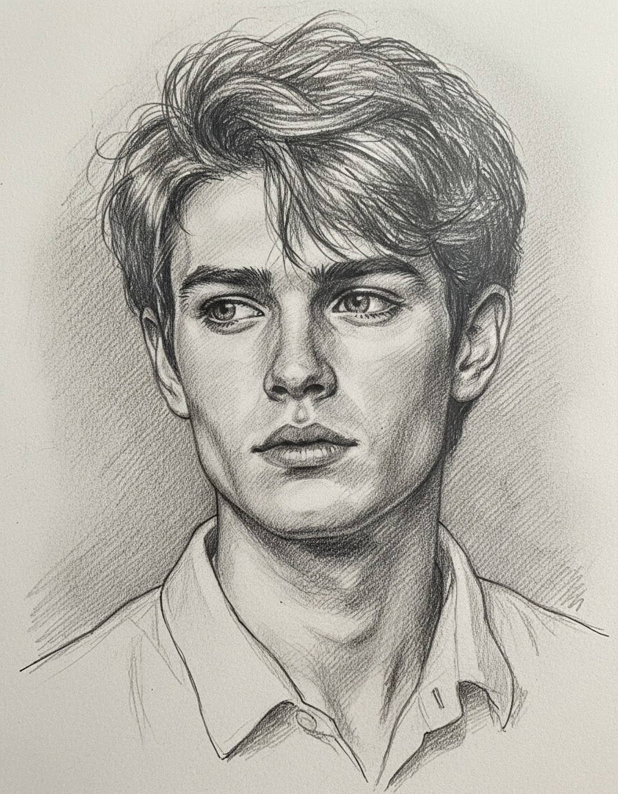 Example output: a graphite pencil sketch portrait with crosshatched shading on sketchbook paper. This is what your selfie looks like after running the prompt through MCP Media Engine img2img.