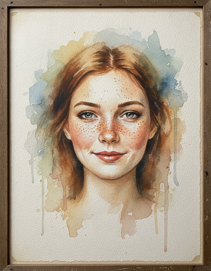 Example output: a soft watercolor portrait of a young woman with freckles, wet-on-wet washes on textured paper. This is what your selfie looks like after running the prompt through MCP Media Engine img2img.