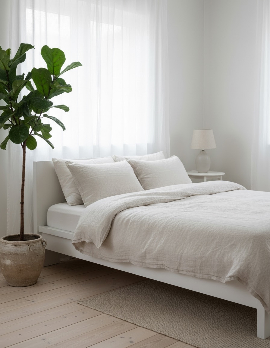 Example output: a Scandinavian bedroom with white oak frame, cream linen bedding, fiddle-leaf fig, and soft north light. Run this with your own room photo + input_image_url.