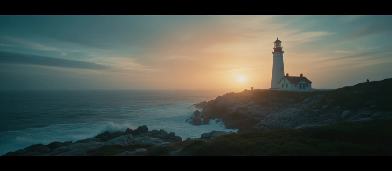 Cinematic Film Still style example: Anamorphic widescreen, teal-and-orange grade.