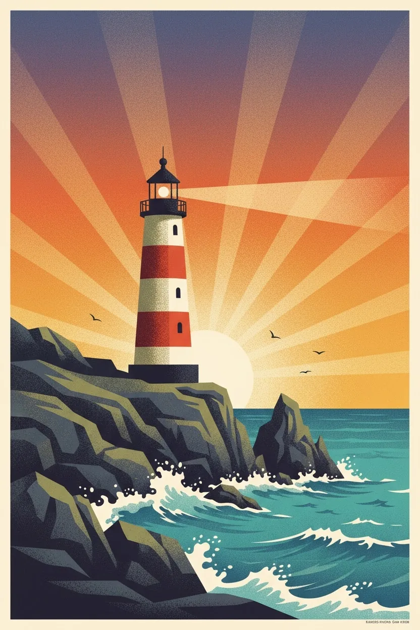 Retro Travel Poster style example: 1950s offset print, halftone, heroic composition.