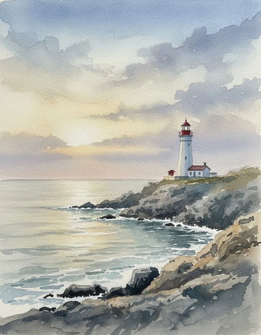 Watercolor painting of a lighthouse on a rocky coastline at dawn, soft wet-on-wet washes with paper texture.
